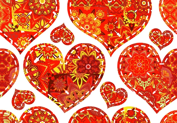 Seamless pattern with red patchwork hearts. Beautiful valentine background with vintage elements. Vector illustration. — Stok Vektör