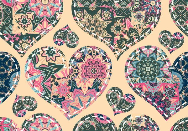 Seamless pattern with patchwork hearts. Beautiful valentine background with pastel vintage elements. Vector illustration — Wektor stockowy