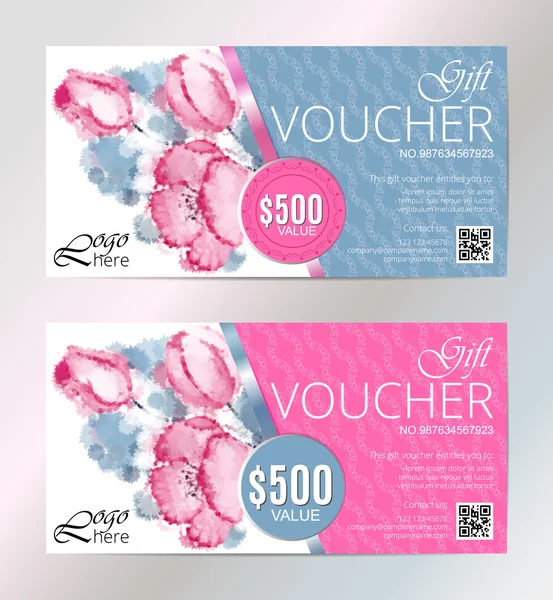 Gift voucher vector set beauty watercolor silver background. VIP backdrop pink flowers, for saloon, gallery, spa, etc. — Stok Vektör