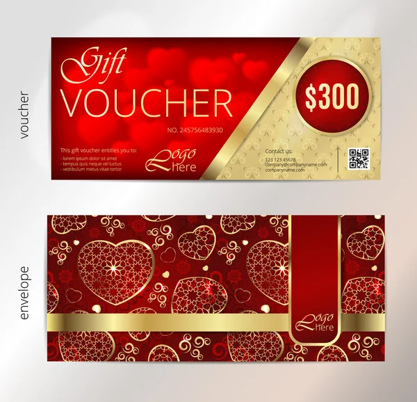 Valentines day gift voucher or coupon with presents and hearts on red background. Eps10 vector illustration. — Stockvector