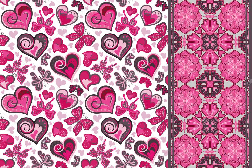 Set of cute seamless vector backgrounds with hearts, butterfly and decorative border tape, ribbon lane band.