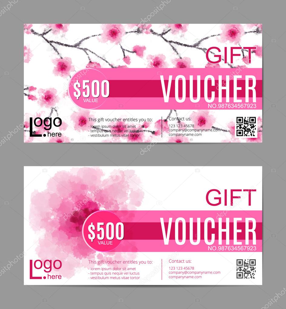 Gift voucher set vector beauty watercolor background. VIP backdrop with pink sakura flowers, peach for saloon, gallery, spa, etc.