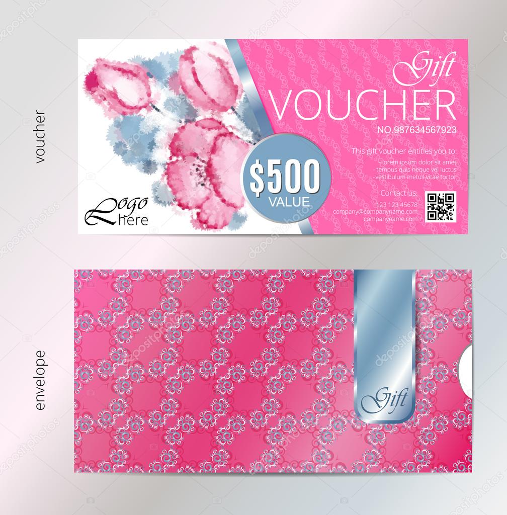 Gift voucher vector beauty watercolor background plus envelope. VIP backdrop pink flowers, peach for saloon, gallery, spa, etc