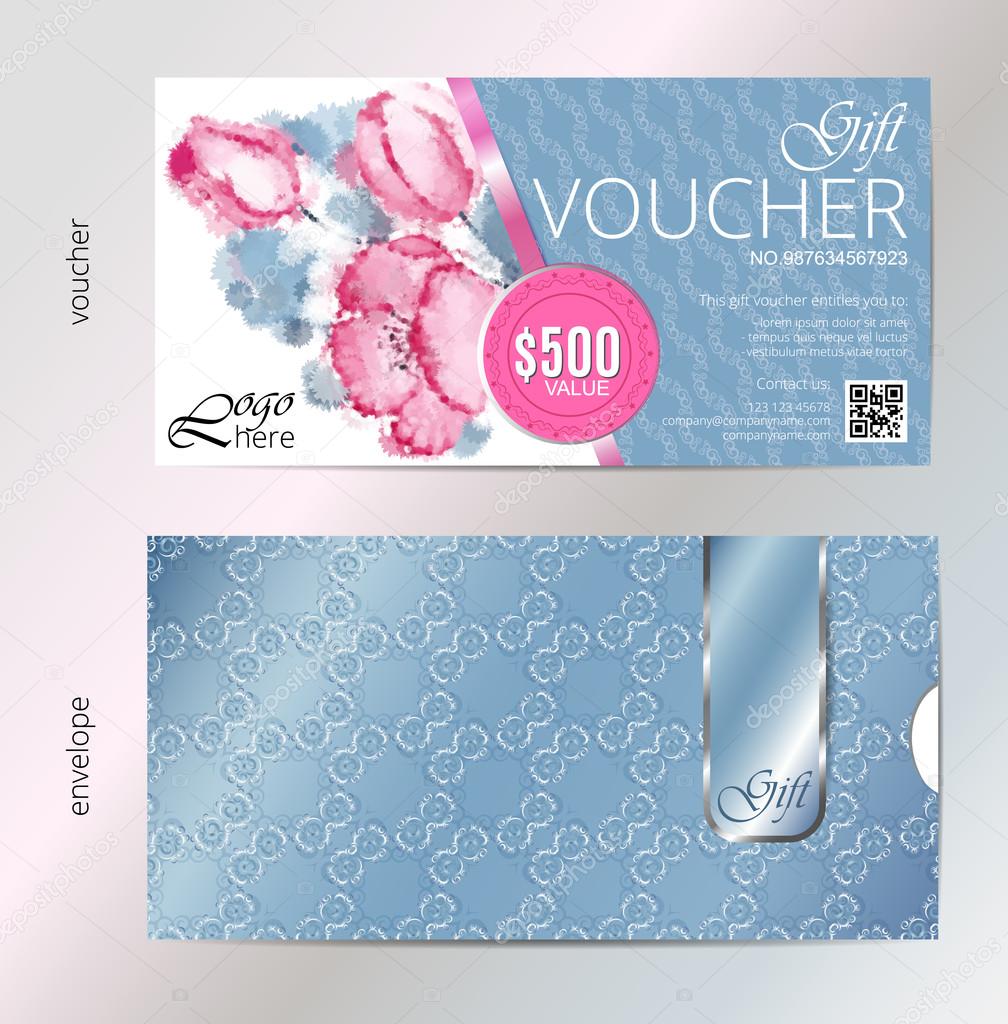 Gift voucher vector beauty watercolor silver background plus envelope. VIP backdrop pink flowers, for saloon, gallery, spa, etc