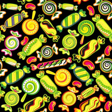 Seamless background with various candies. Vector illustration. Bright background with candies.
