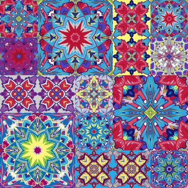 Seamless patchwork background. Oriental ornament motifs. Colorful bright ornaments. Vector illustration