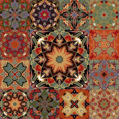 Vector seamless patchwork background from colorful oriental ornaments, polka dot patterns, rosette from stylized flowers and leaves. Geometrical decorative  textile print