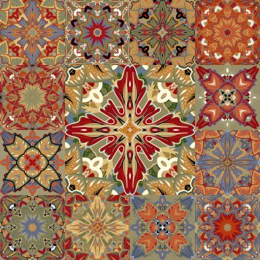 Vector seamless patchwork background from colorful oriental ornaments, polka dot patterns, rosette from stylized flowers and leaves. Geometrical decorative  textile print