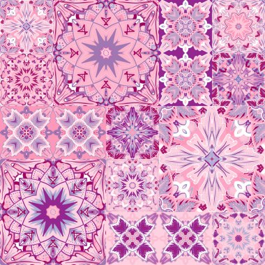 Renkli Fas, Portekiz fayans, Azulejo, süsler üzerinden sorunsuz patchwork desenler kümesi. Duvar kağıdı, desen dolgularını, web sayfası arka planı, yüzey dokuları için kullanılabilir.