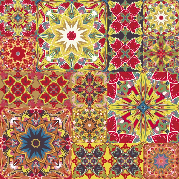 Carreau vectoriel patchwork sans couture avec des motifs victoriens en coloré. Ensemble de fond avec ornement bleu jaune rose dans un style arabe . — Image vectorielle