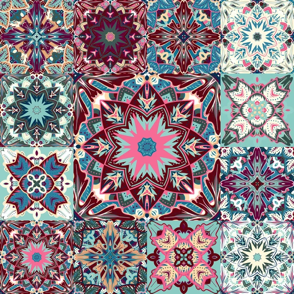 Vector fundal mozaic fără sudură din ornamente orientale colorate, modele de puncte polka, rozetă din flori stilizate și frunze. Imprimare textilă decorativă geometrică — Vector de stoc