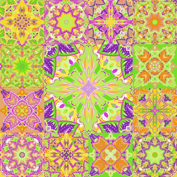 Sfondo patchwork vettoriale senza cuciture da ornamenti orientali colorati, motivi a pois, rosetta da fiori e foglie stilizzati. Stampa tessile decorativa geometrica — Vettoriale Stock