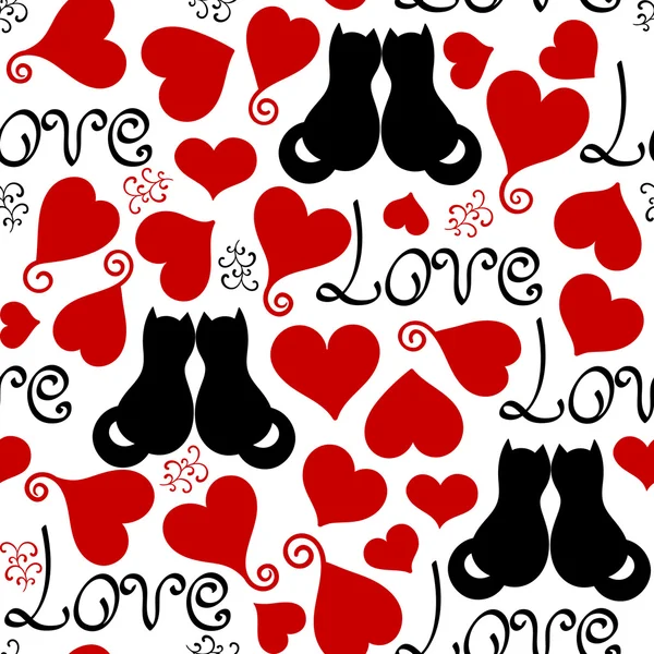 Grunge vector seamless pattern with hand painted hearts, lettering and cats. Texture for web, print, valentines day wrapping paper, wedding invitation card background, textile, fabric, home decor