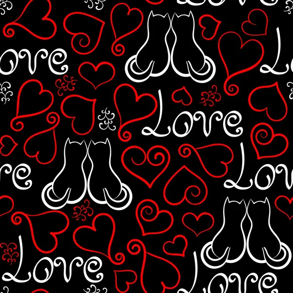 Vector hand drawn line red, black and white hearts, lettering and cats seamless background — Stock Vector