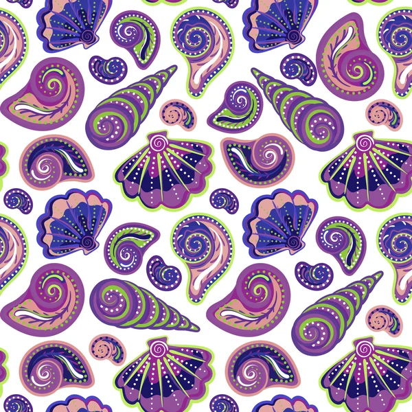 Mano dibujar conchas de mar patrón. Textura perfecta con objetos de vida oceánicos pintados a mano. Vector fondo de verano — Vector de stock