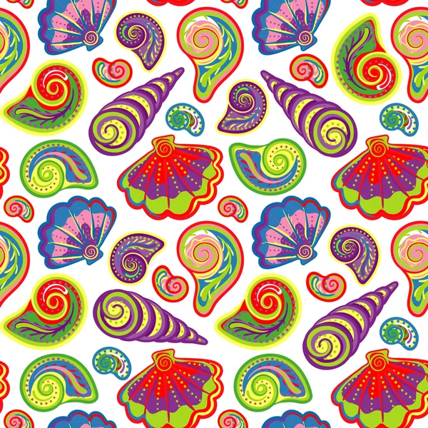 Mano dibujar conchas de mar patrón. Textura perfecta con objetos de vida oceánicos pintados a mano. Vector fondo de verano — Archivo Imágenes Vectoriales