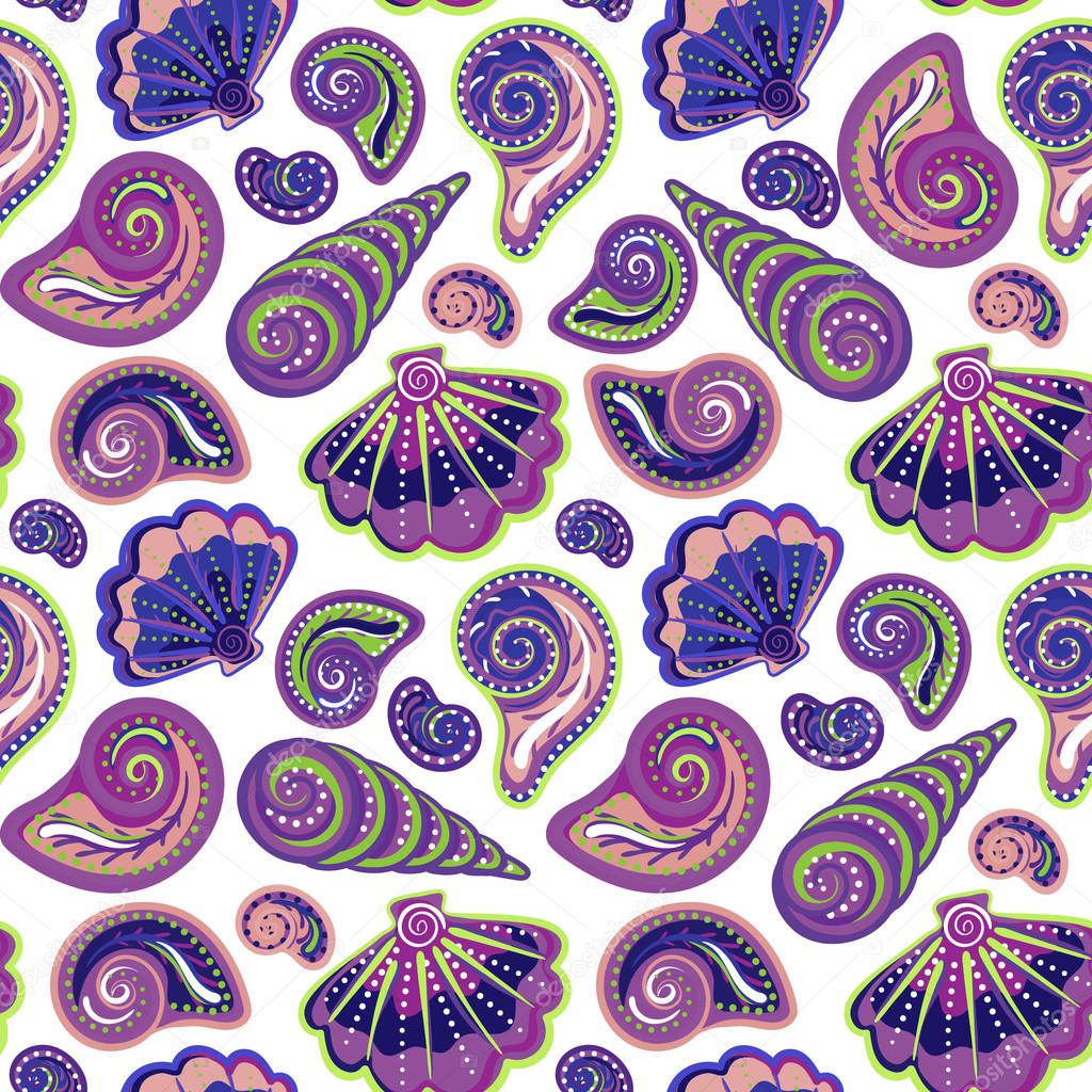 Hand draw sea shells pattern. Seamless texture with hand painted oceanic life objects. Vector summer background