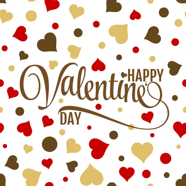 Happy Valentine letras sobre fundo branco sem costura com ouro e corações vermelhos. Padrão festivo vetorial — Vetor de Stock