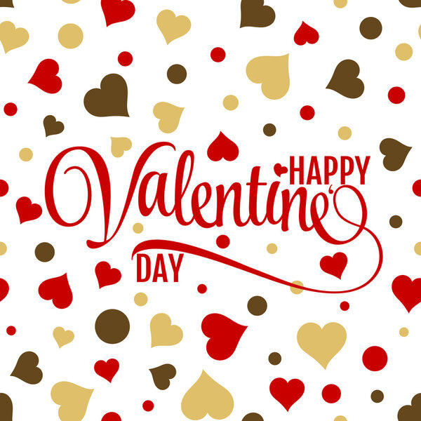 Happy valentines lettering on seamless white background with gold and red hearts. Vector festive pattern