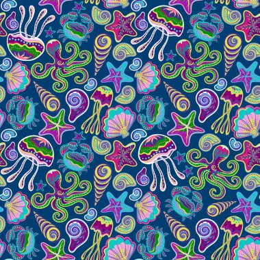 Vector hand drawn seamless pattern with jellyfish, shells, starfish, octopus and crabs. Ocean background