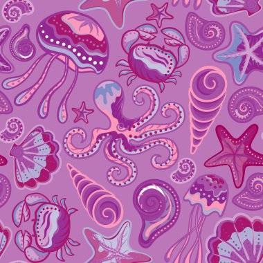 Vector seamless pattern of sea life, fishes, whale, corals and plants in bright colors. Use for wallpaper, fills, background.