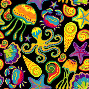 Vector seamless pattern of sea life, fishes, whale, corals and plants in bright colors. Use for wallpaper, fills, background.