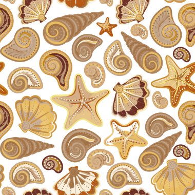 Graphic pattern with seashells, sea stars. Hand drawing. Seamless for fabric design, gift wrapping paper, printing.