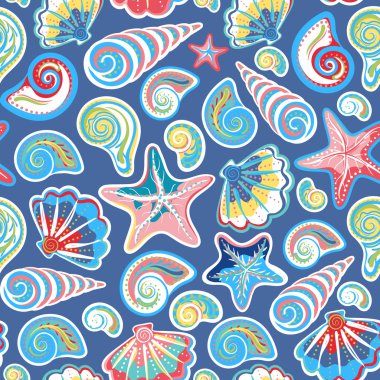 Seamless pattern with sea shells and starfish in colorful, white. Repeating print background texture. Cloth. Wallpaper, wrapping clipart