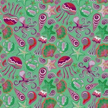 Colorful seamless pattern with fish starfish shells crab octopus. Sea life vector illustration.
