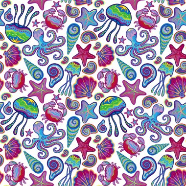 Seamless pattern with colorful sea creatures. Marine background jellyfish shells octopus starfish crab.