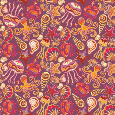 Seamless pattern with colorful sea creatures. Marine background jellyfish shells octopus starfish crab.