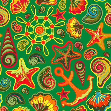 Nautical background, bright seamless pattern with sea shells, anchor, wheel, starfish