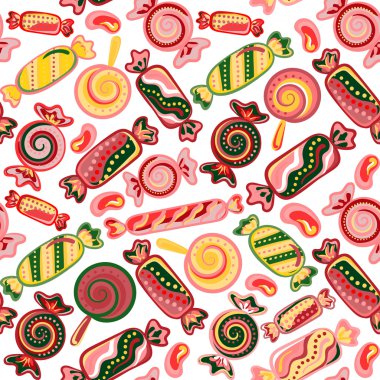 Vector seamless hand draw background on a white. Bright backdrop with candies