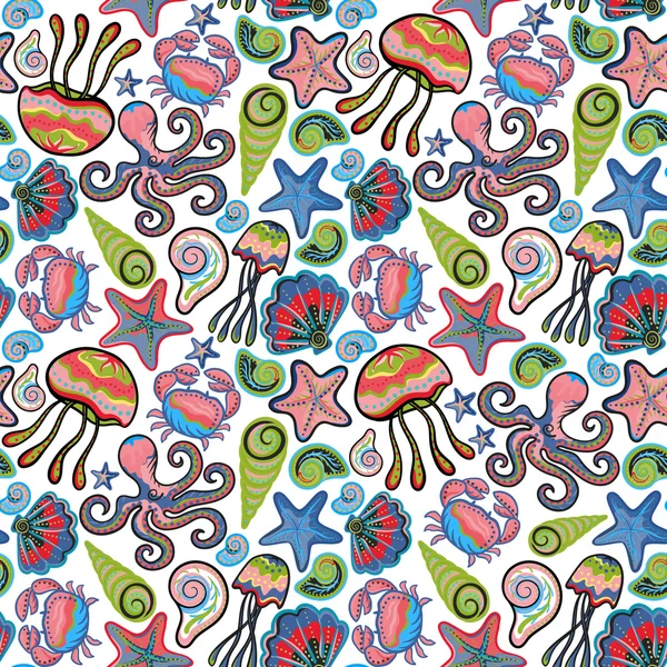 Vector hand drawn seamless pattern with jellyfish, shells, starfish, octopus and crabs. Ocean background — 스톡 벡터