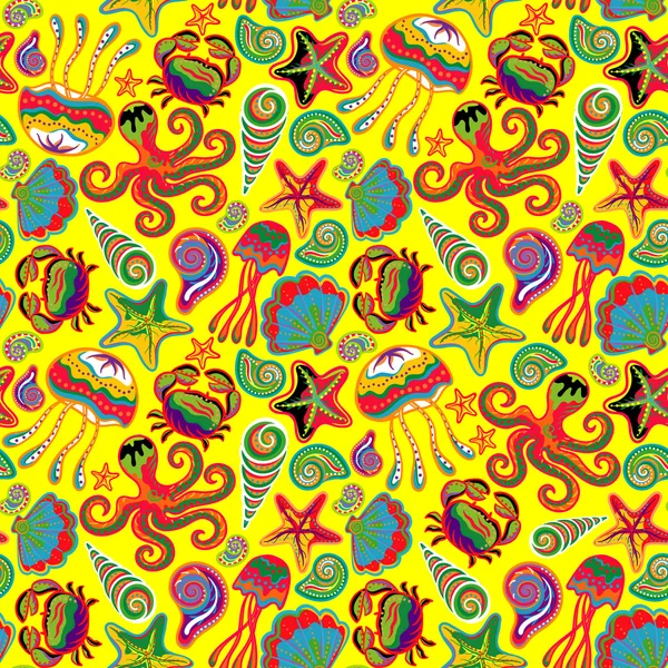 Patrón sin costura vectorial de la vida marina, peces, ballenas, corales y plantas en colores brillantes. Uso para papel pintado, rellenos, fondo . — Vector de stock