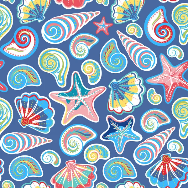 Padrão sem costura com conchas do mar e estrelas do mar em colorido, branco. Repetindo a textura de fundo da impressão. Pano. Papel de parede, envolvimento —  Vetores de Stock