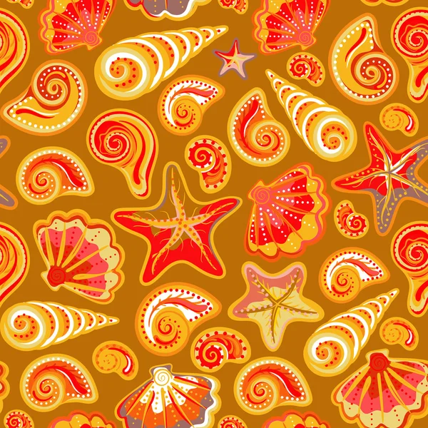 Patrón sin costuras con conchas de mar y estrellas de mar en colorido, blanco. Textura de fondo de impresión repetida. Paño. Fondos de pantalla, envoltura — Vector de stock