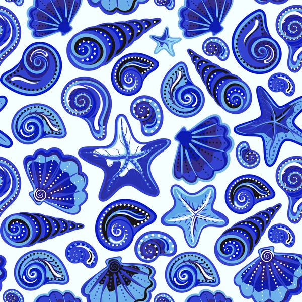 Seamless pattern with sea shells and starfish in colorful, white. Repeating print background texture. Cloth. Wallpaper, wrapping — Διανυσματικό Αρχείο
