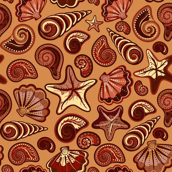 Padrão sem costura com conchas do mar e estrelas do mar em colorido, branco. Repetindo a textura de fundo da impressão. Pano. Papel de parede, envolvimento —  Vetores de Stock