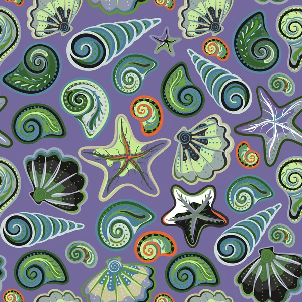 Seamless pattern with sea shells and starfish in colorful, white. Repeating print background texture. Cloth. Wallpaper, wrapping — Διανυσματικό Αρχείο