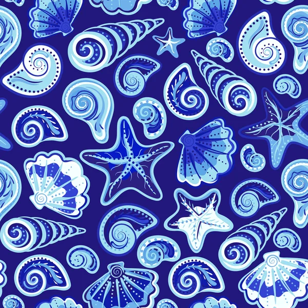 Sea shells seamless pattern in colorful on white background. Vector sea backdrop. — 图库矢量图片