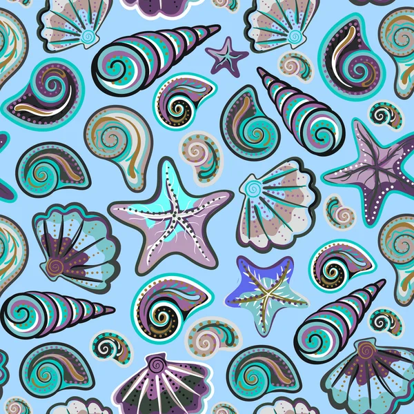 Sea shells seamless pattern in colorful on white background. Vector sea backdrop. — 图库矢量图片