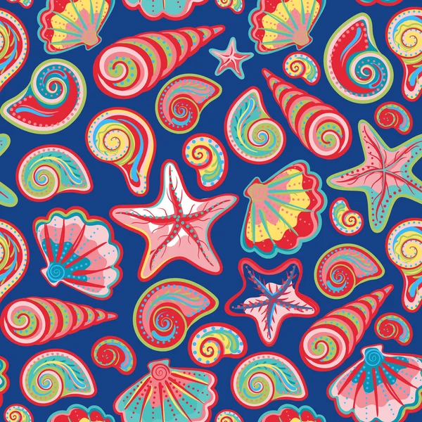 Sea shells seamless pattern in colorful on white background. Vector sea backdrop. — ストックベクタ