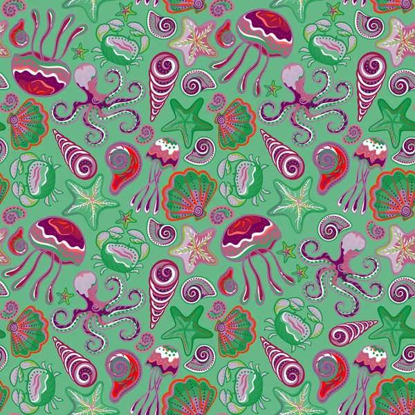 Colorful seamless pattern with fish starfish shells crab octopus. Sea life vector illustration. — ストックベクタ