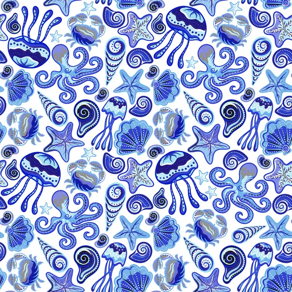 Seamless pattern with colorful sea creatures. Marine background jellyfish shells octopus starfish crab. — Stock vektor