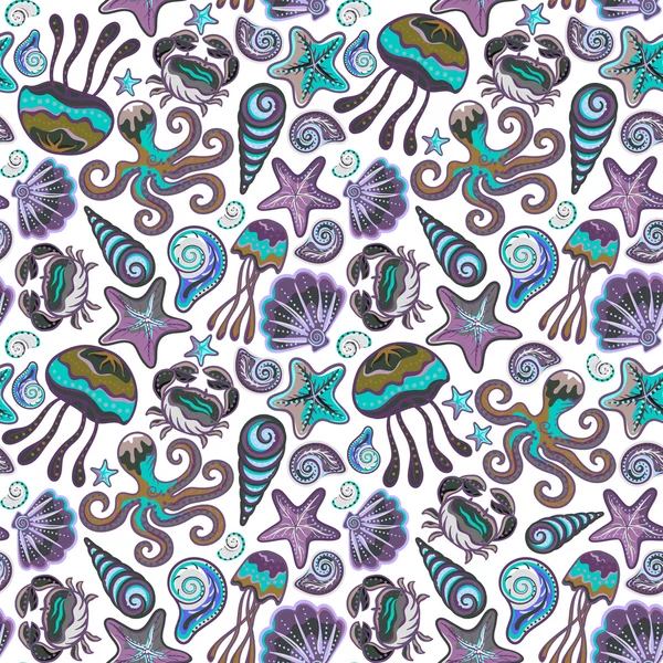 Seamless pattern with colorful sea creatures. Marine background jellyfish shells octopus starfish crab. — Stockový vektor