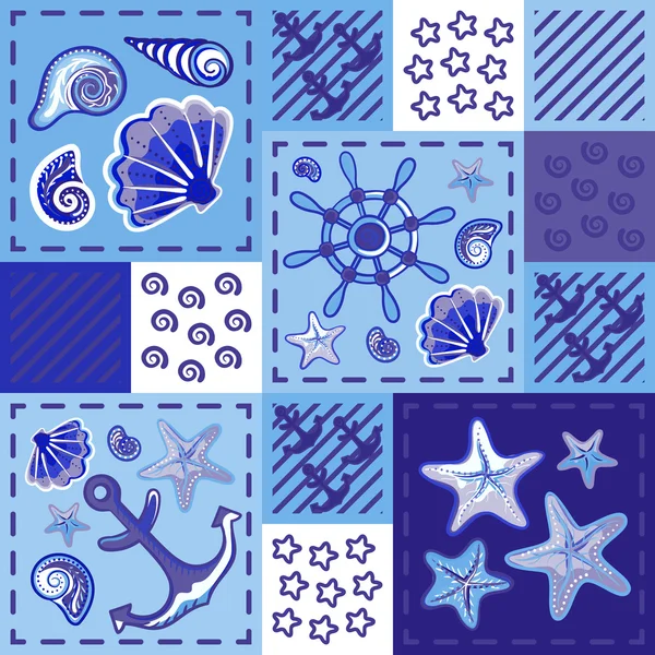 Seamless marine pattern in patchwork style with shells starfish wheel and anchor. Beautiful graphic sea background. — Stock Vector