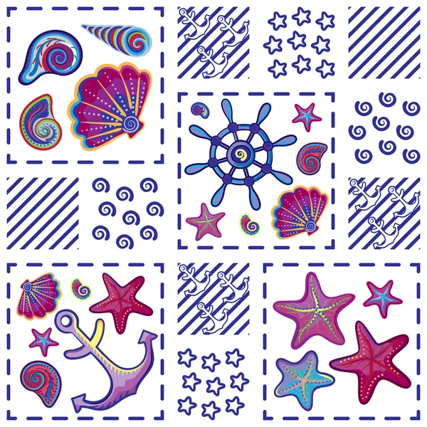 Seamless marine pattern in patchwork style with shells starfish wheel and anchor. Beautiful graphic sea background. — Wektor stockowy