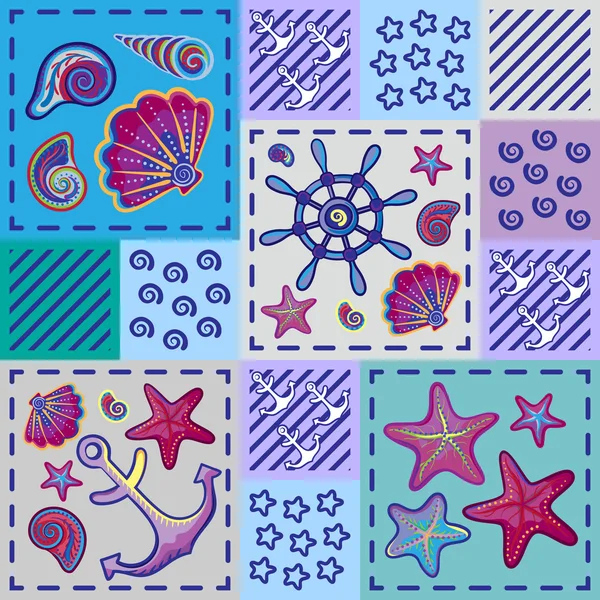 Seamless marine pattern in patchwork style with shells starfish wheel and anchor. Beautiful graphic sea background. — Stock Vector