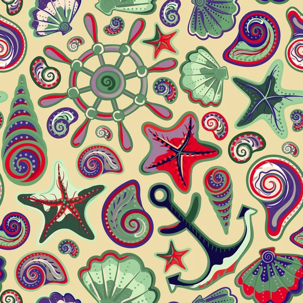 Nautical background, bright seamless pattern with sea shells, anchor, wheel, starfish — Stockvector